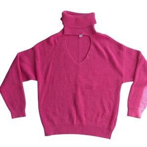 Bar III Womens Sweater Turtleneck V-Neck Cutout Size Large Knit Pink Barbie Vday